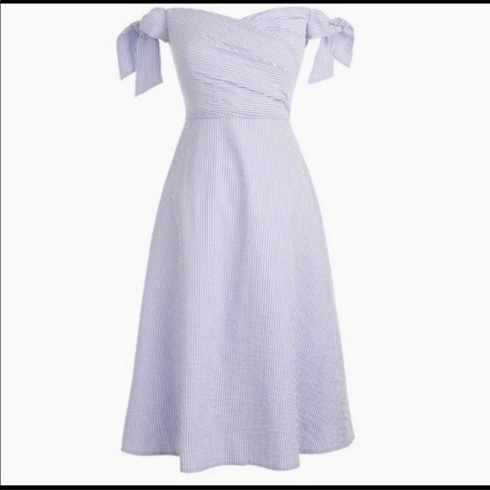 J. Crew off the shoulder blue seersucker dress